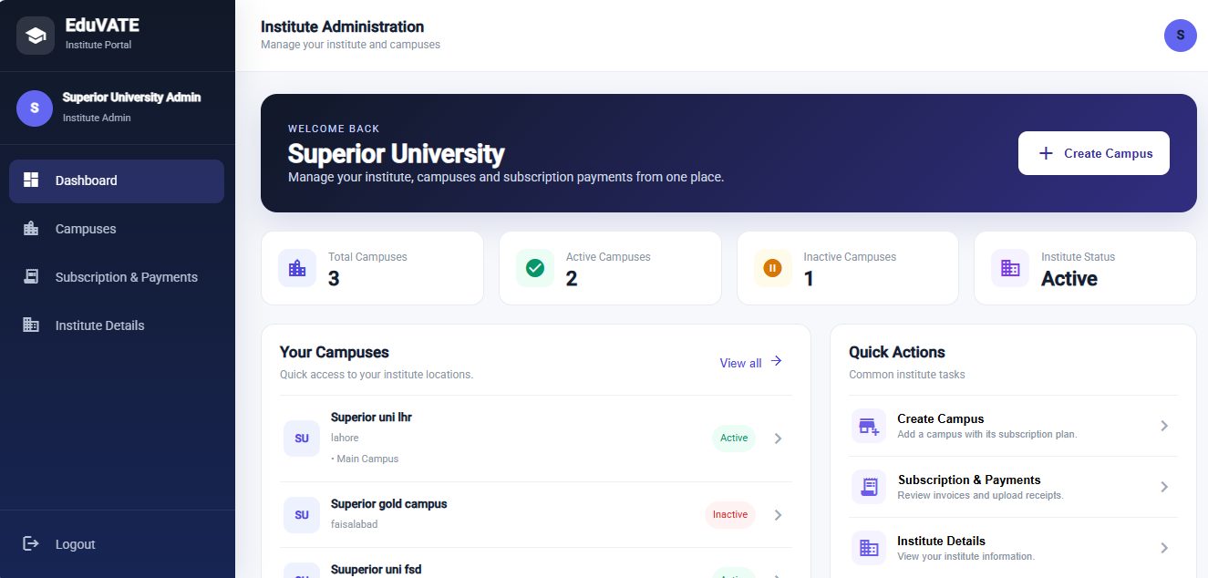 Eduvate dashboard